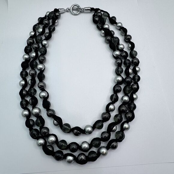 Multi Strand Statement Ribbon Necklace with Silver Black Clear Glass Beads 22" - Picture 11 of 14